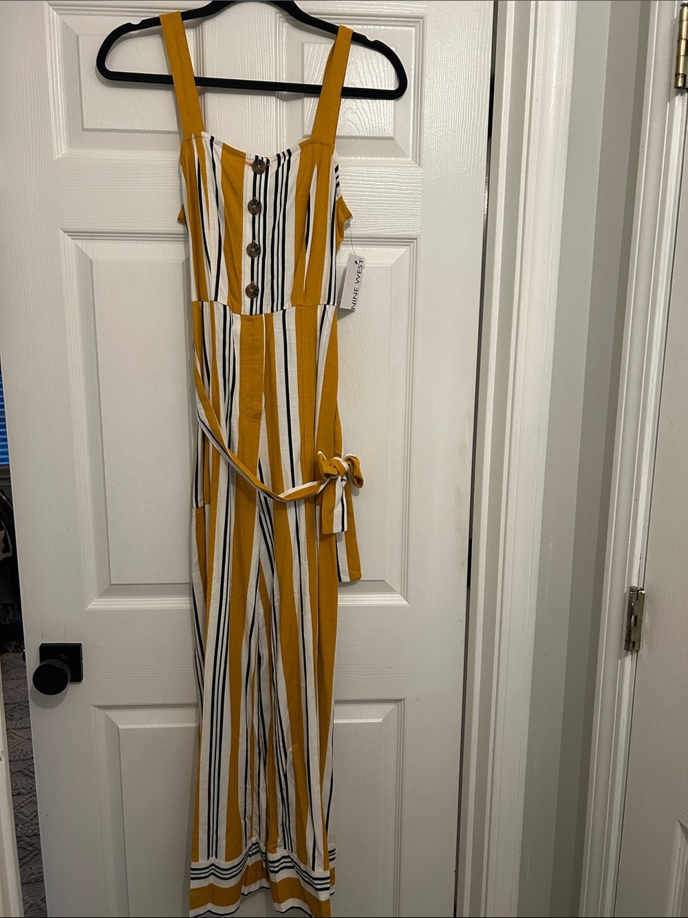 Nine West Mustard and White Vertical Stripe Jumpsuit with Tie 🤍
